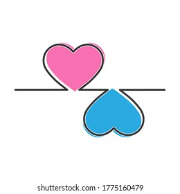 Blue and red hearts, vector illustration, contour style isolated on white background

