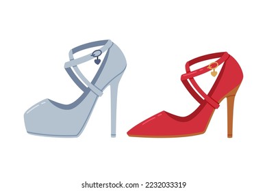 Blue and Red High Heel Shoe with Straps as Casual Footwear Vector Set