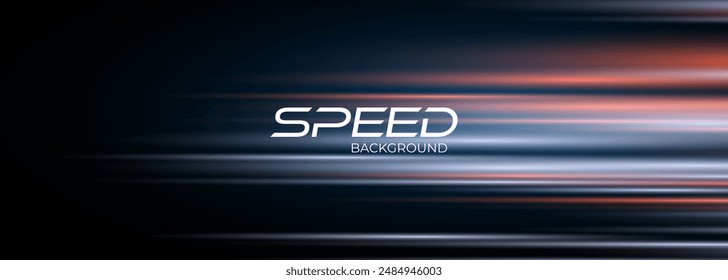 Blue and red high-speed background. Movement light trails effect on black abstract background. Wide technology banner with glowing blue and red light motion effect. Vector illustration