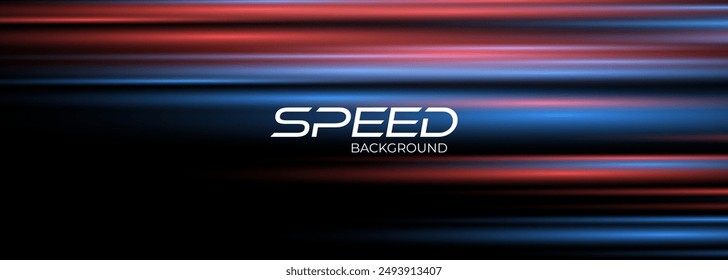 Blue and red high-speed background. Movement light trails effect on black abstract background. Wide technology banner with glowing blue and red light motion effect. Vector illustration