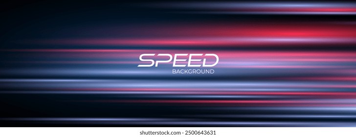 Blue and red high-speed background. Movement light trails effect on black abstract background. Wide technology banner with glowing blue and red light motion effect. Vector illustration