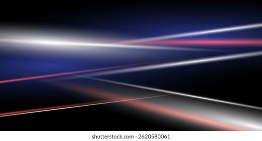 Blue and red high-speed background. Movement light trails effect on black abstract background. Wide technology banner with glowing blue and red light motion effect. Vector illustration