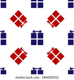 Blue and red holiday box with a bow icon isolated seamless pattern on white background. Vector illustration