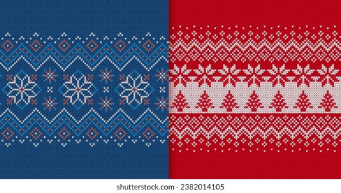 Blue and red holiday traditional Xmas pattern. Christmas knit seamless print with snowflakes and trees. Knitted sweater texture. Geometric background. Wool pullover ornament. Vector illustration