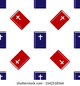 Blue and red Holy bible book icon isolated seamless pattern on white background.  Vector Illustration