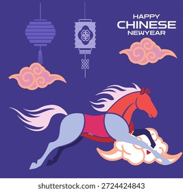 Blaues und rotes Pferd, das durch Wolken springt, mit hängenden Laternen auf dunkelblauem Hintergrund Dynamisches Mond-Neujahrsposter-Design mit Tierkreispferd und traditionellen Papierlaternen