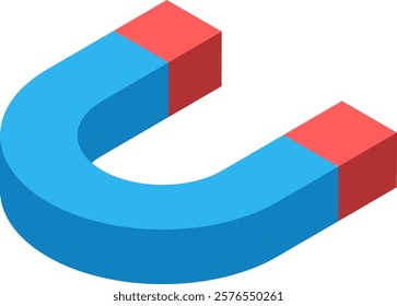 Blue and red horseshoe magnet attracting objects with its powerful magnetic force, isolated against a clean white background, presented in a striking isometric view