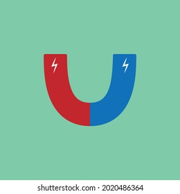 Blue and red horseshoe magnet, magnetism, magnetize, attraction. Flat design. Vector illustration. isolated background.