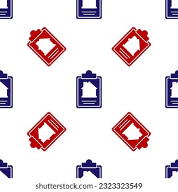Blue and red House contract icon isolated seamless pattern on white background. Contract creation service, document formation, application form composition.  Vector