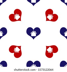 Blue and red House with heart shape icon isolated seamless pattern on white background. Love home symbol. Family, real estate and realty.  Vector Illustration