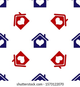 Blue and red House with heart shape icon isolated seamless pattern on white background. Love home symbol. Family, real estate and realty.  Vector Illustration