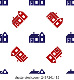 Blue and red House icon isolated seamless pattern on white background. Home symbol.  Vector