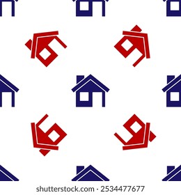 Blue and red House icon isolated seamless pattern on white background. Home symbol.  Vector