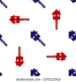 Blue and red House with key icon isolated seamless pattern on white background. The concept of the house turnkey.  Vector Illustration