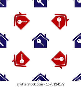 Blue and red House with key icon isolated seamless pattern on white background. The concept of the house turnkey.  Vector Illustration