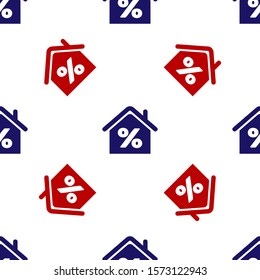 Blue and red House with percant discount tag icon isolated seamless pattern on white background. House percentage sign price. Real estate home. Credit percentage symbol.  Vector Illustration