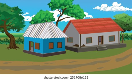 A blue and red house situated in a grassy field. The blue house is smaller in size compared to the red house, which is located further away from the blue house. The houses are surrounded by trees