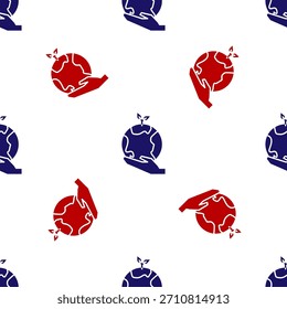 Blue and red Human hands holding Earth globe icon isolated seamless pattern on white background. Save earth concept.  Vector Illustration