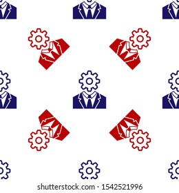 Blue and red Human head with gear inside icon isolated seamless pattern on white background. Artificial intelligence. Thinking brain sign. Symbol work of brain.  Vector Illustration