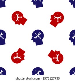 Blue and red Human head with with screwdriver and wrench icon isolated seamless pattern on white background. Artificial intelligence. Symbol work of brain.  Vector Illustration