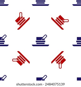 Blue and red Hunter hat with feather icon isolated seamless pattern on white background. Plaid winter hat.  Vector