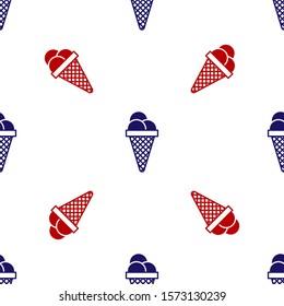 Blue and red Ice cream in waffle cone icon isolated seamless pattern on white background. Sweet symbol.  Vector Illustration