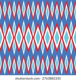 Blue and red ikat fabric pattern on dark blue background. Abstract vector illustration of weaven art design for clothes,carpet,fashion,and decoration