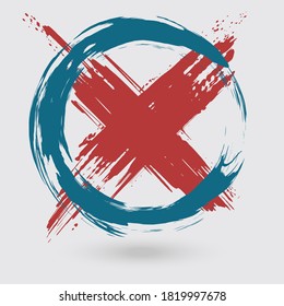 Runder roter und blauer Tintenkreuz auf weißem Hintergrund. Japanischer Stil. Vektorgrafik von Grunge-Kreisflecken
