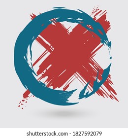Blue and red ink round cross stroke on white background. Japanese style. Vector illustration of grunge circle stains