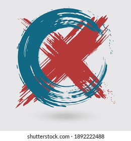 Blue and red ink round cross stroke on white background. Japanese style. Vector illustration of grunge circle stains