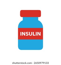 Blue red insulin bottle with the word I N S U L I N in text on a medicine diabetes