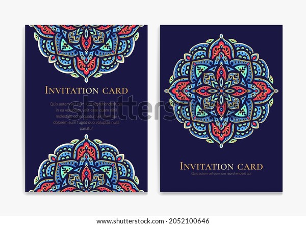 Blue and red invitation card design with\
vector mandala pattern. Vintage ornament template. Can be used for\
background and wallpaper. Elegant and classic vector elements great\
for decoration.
