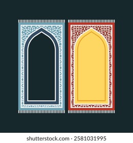 Blue and Red Islamic prayer carpet vector design. Prayer mat pattern tiles. Rug design set