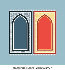 Blue and Red Islamic prayer carpet vector design. Prayer mat pattern tiles. Rug design set
