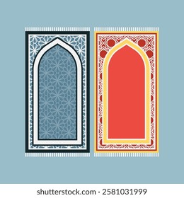 Blue and Red Islamic prayer carpet vector design. Prayer mat pattern tiles. Rug design set