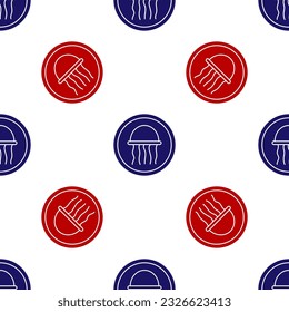 Blue and red Jellyfish on a plate icon isolated seamless pattern on white background.  Vector