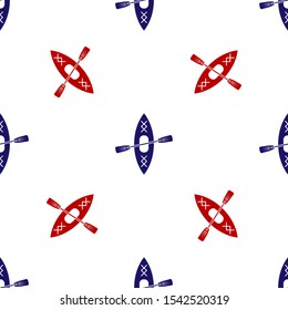 Blue and red Kayak and paddle icon isolated seamless pattern on white background. Kayak and canoe for fishing and tourism. Outdoor activities.  Vector Illustration