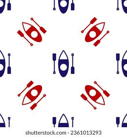 Blue and red Kayak and paddle icon isolated seamless pattern on white background. Kayak and canoe for fishing and tourism. Outdoor activities.  Vector