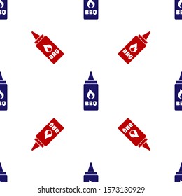 Blue and red Ketchup bottle icon isolated seamless pattern on white background. Fire flame icon. Barbecue and BBQ grill symbol.  Vector Illustration