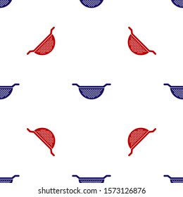 Blue and red Kitchen colander icon isolated seamless pattern on white background. Cooking utensil. Cutlery sign.  Vector Illustration