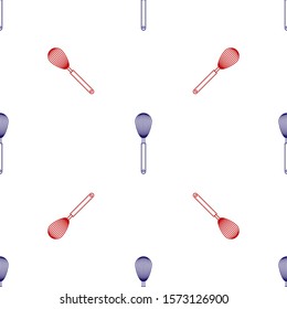 Blue and red Kitchen whisk icon isolated seamless pattern on white background. Cooking utensil, egg beater. Cutlery sign. Food mix symbol.  Vector Illustration