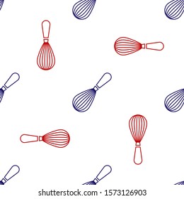 Blue and red Kitchen whisk icon isolated seamless pattern on white background. Cooking utensil, egg beater. Cutlery sign. Food mix symbol.  Vector Illustration