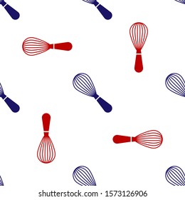 Blue and red Kitchen whisk icon isolated seamless pattern on white background. Cooking utensil, egg beater. Cutlery sign. Food mix symbol.  Vector Illustration