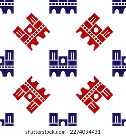 Blue and red Landmark of France Notre Dame de Paris icon isolated seamless pattern on white background.  Vector