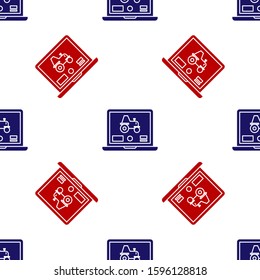 Blue and red Laptop application for control a autonomous tractor on a smart farm icon isolated seamless pattern on white background. Smart agriculture implement.  Vector Illustration