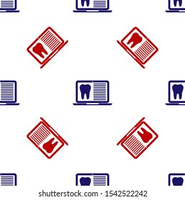 Blue and red Laptop with dental card or patient medical records icon isolated seamless pattern on white background. Dental insurance. Dental clinic report.  Vector Illustration