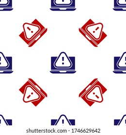 Portátil azul y rojo con icono de signo de exclamación aislado sin fisuras en fondo blanco. Aviso de alerta por teléfono inteligente. Ilustración vectorial
