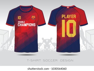 Blue and Red layout football sport t-shirt design. Template front, back view. Soccer kit national team shirt mock up. Vector Illustration.