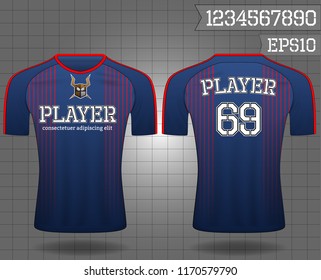 Blue and Red layout football sport t-shirt design. sport shirt ,T-shirt sport design ,Vector Soccer jersey template, football sport shirt front and back model eps10 on grid background with horn logo.