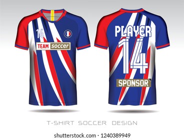 Blue and red layout football sport t-shirt design. Template front, back view. Soccer kit national team shirt mock up. Vector Illustration.